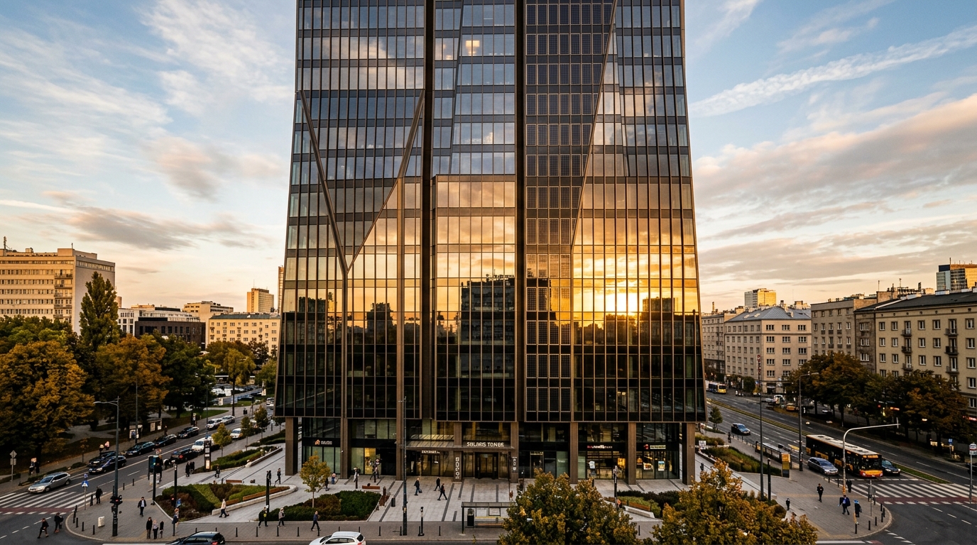 High-rise office tower with south-facing solar glass curtain wall generating power