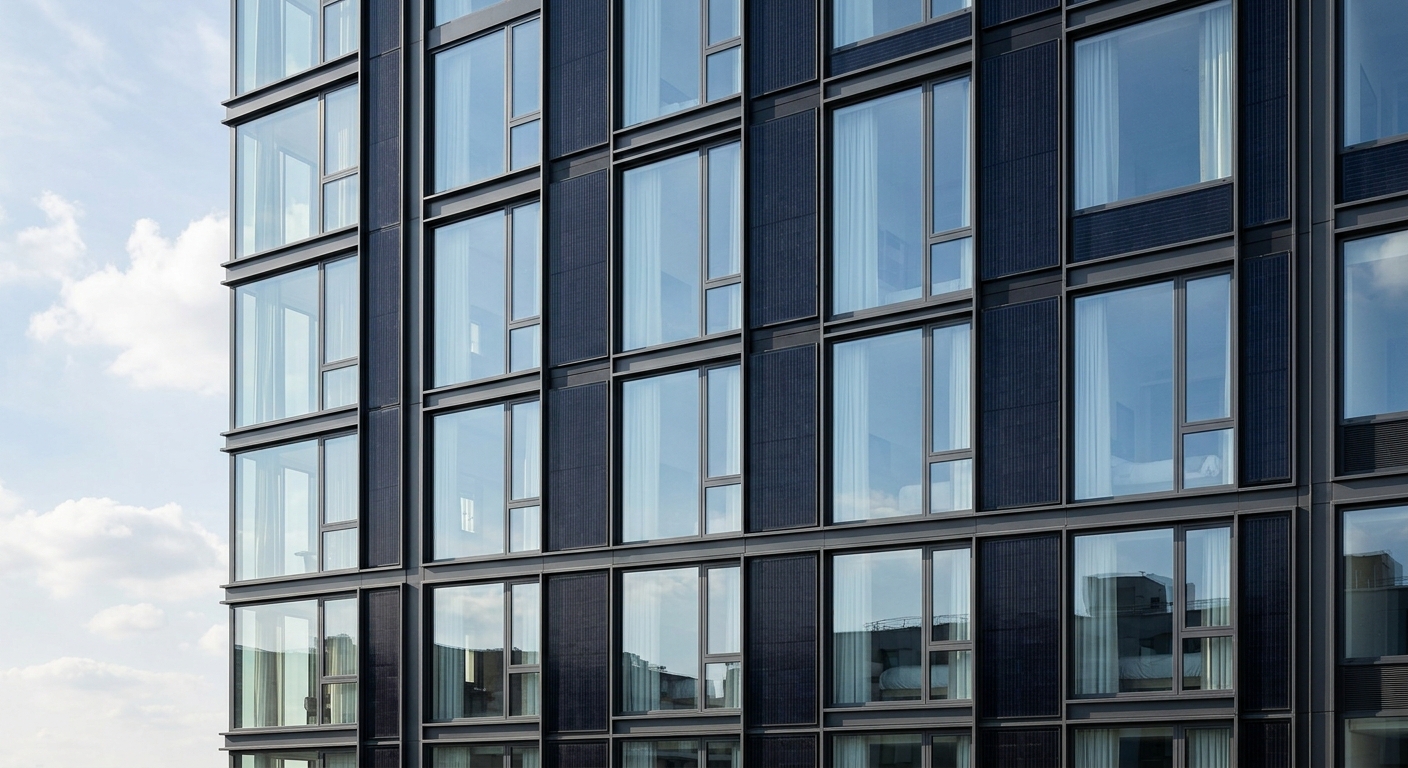 Hotel facade combining clear vision glass with opaque solar spandrel panels