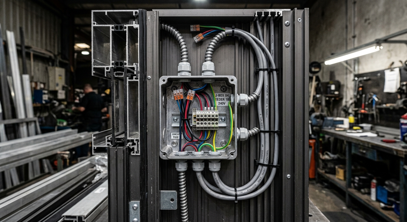 Electrical wiring and junction box inside aluminum curtain wall mullion for BIPV integration