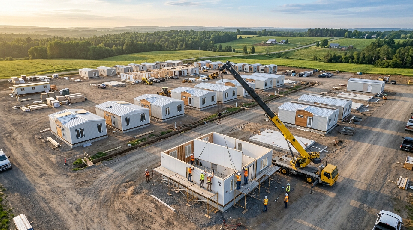 Modular housing panels being connected on site during rapid assembly