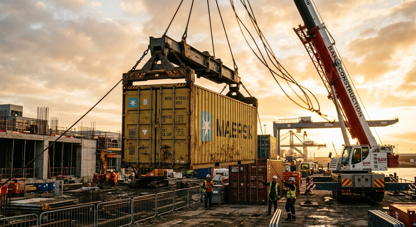 Shipping container with modular building components being unloaded at a dock