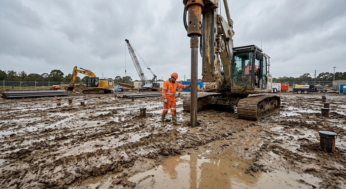 Foundation piles being installed for modular disaster relief housing on wet terrain