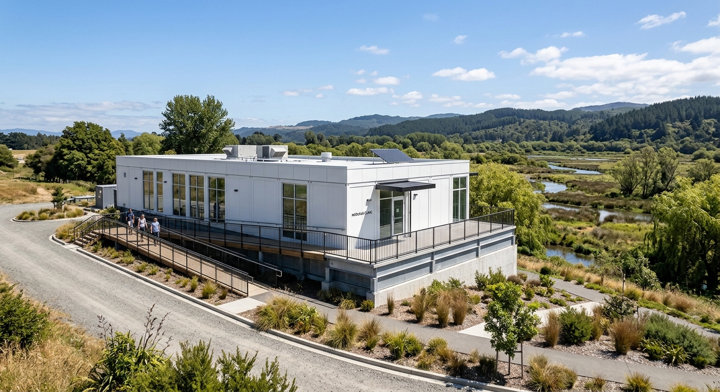 Modular clinic building deployed on elevated ground near a floodplain