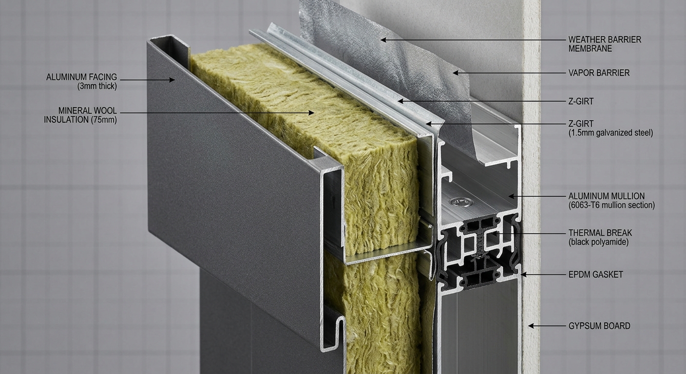 Cross-section of aluminum curtain wall spandrel panel with fire insulation layers