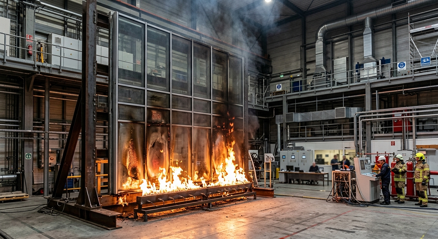 Full-scale fire testing rig for curtain wall assembly compliance