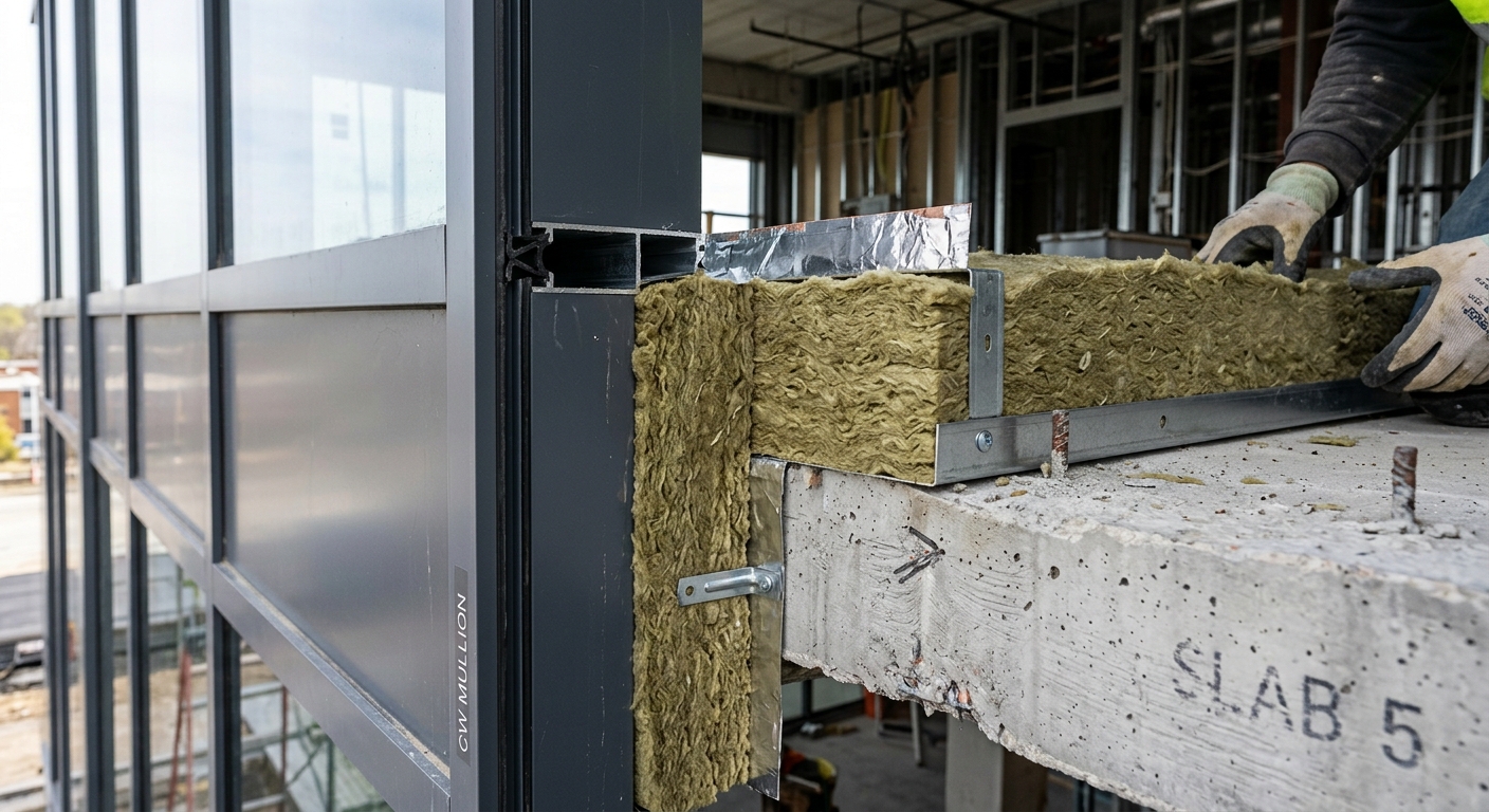 Mineral wool fire safing installed at curtain wall to floor slab junction