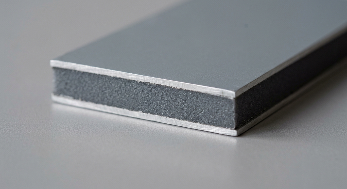 Cross-section sample of aluminum composite panel showing core material