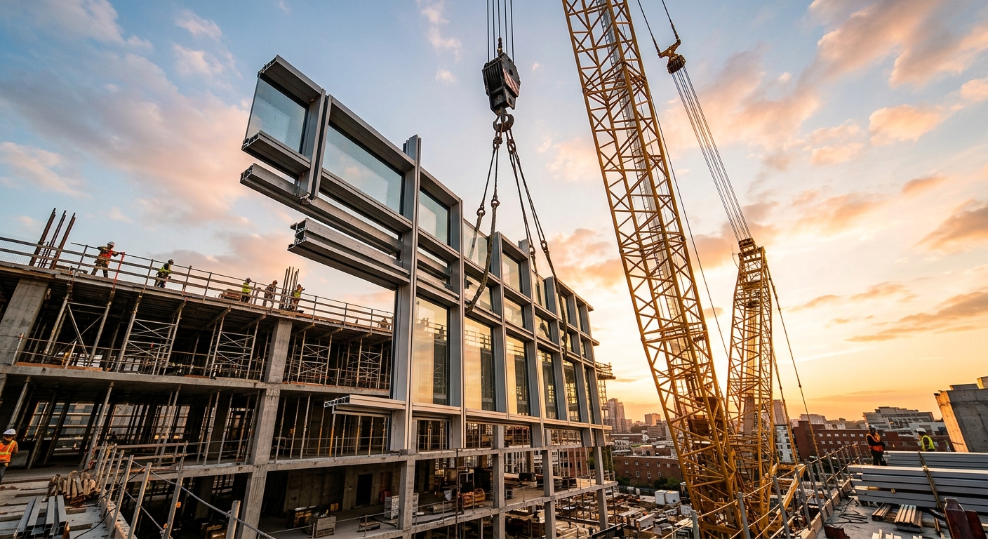 Crane lifting lightweight aluminum curtain wall mullions at a high-rise construction site