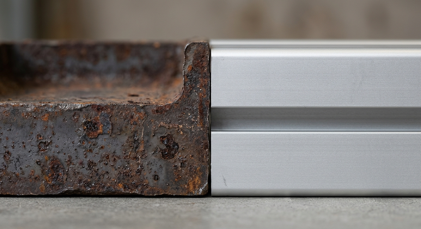 Comparison of corroded steel beam and clean anodized aluminum profile