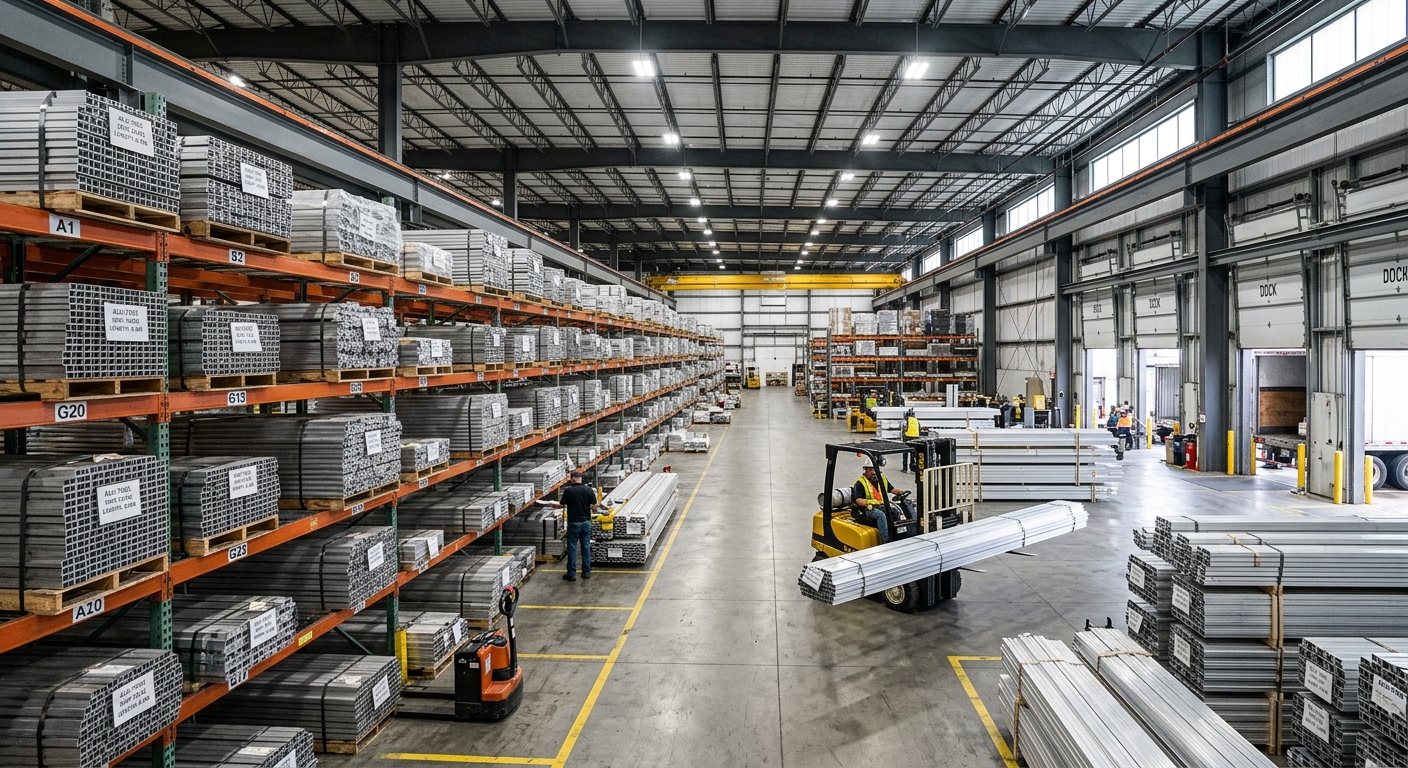 Stacked aluminum extrusion profiles organized in a factory warehouse for shipping