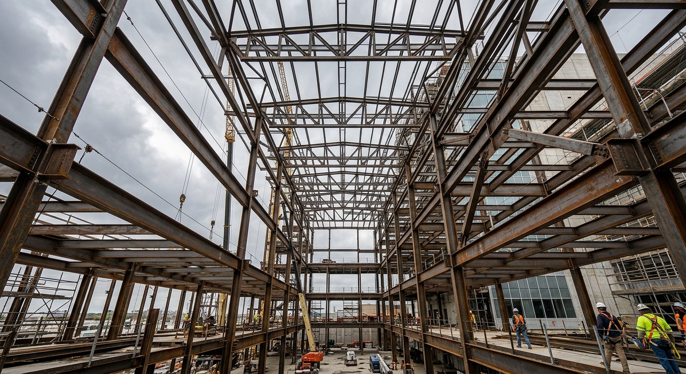 Steel-framed long-span atrium structure during construction