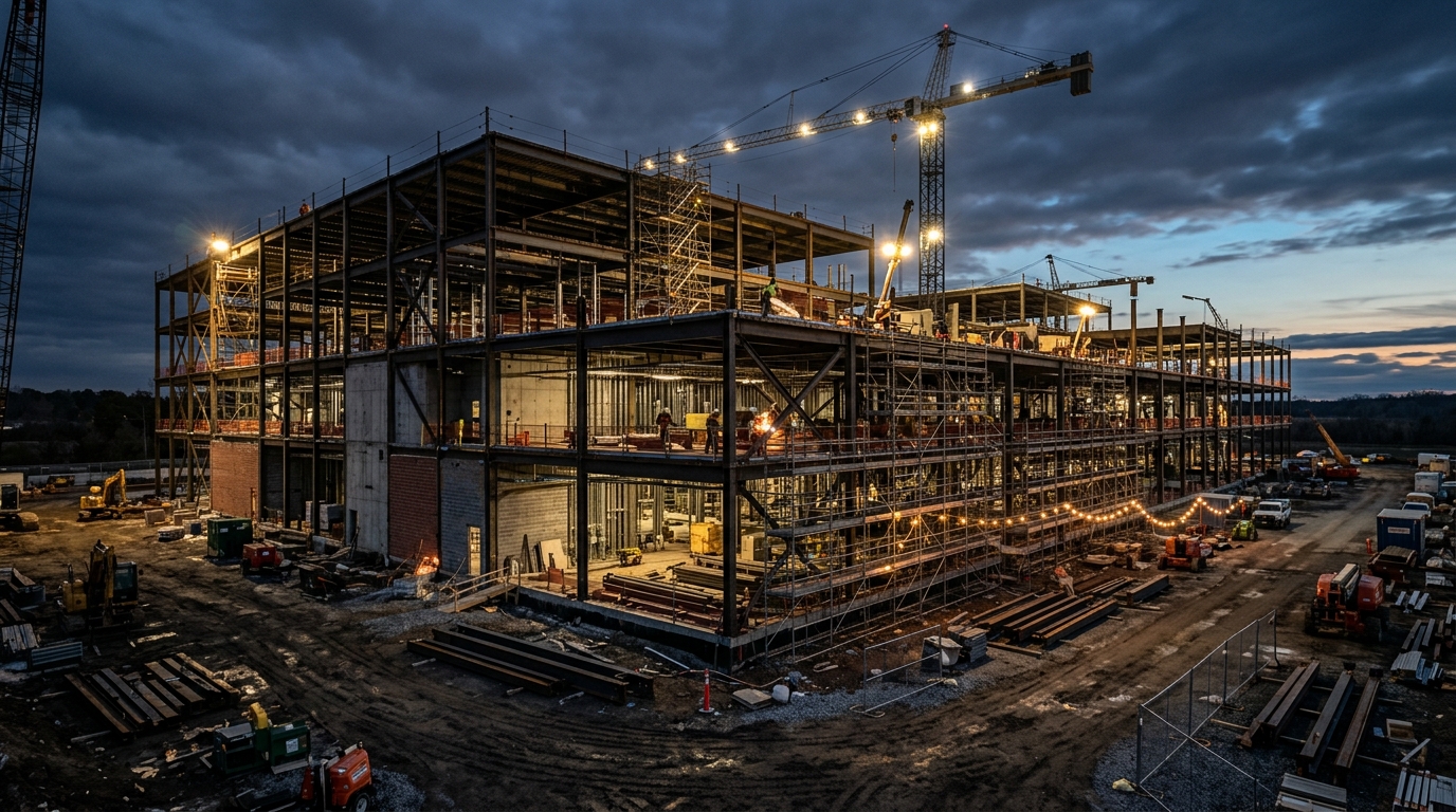 Traditional data center construction site showing structural delays