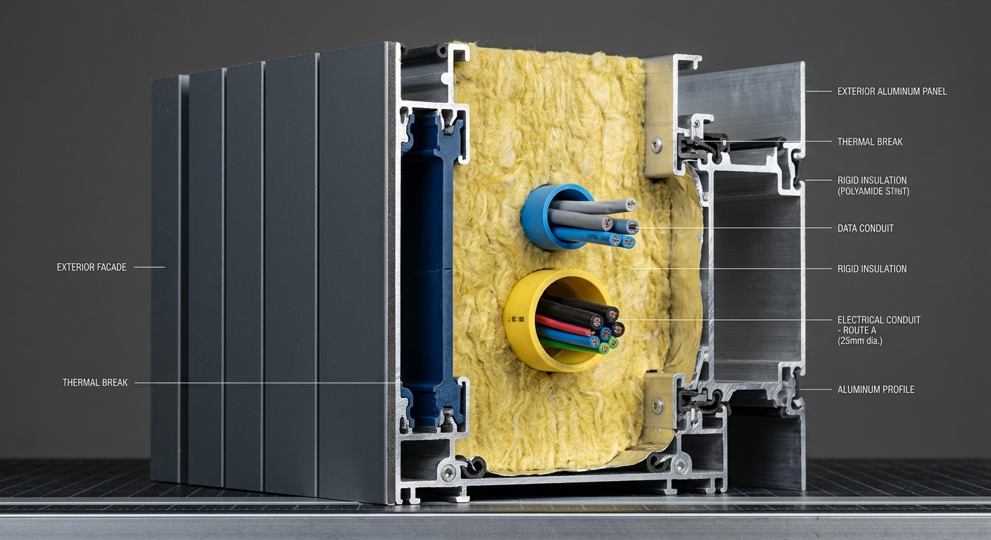 Aluminum wall panel cross-section with thermal break and conduit routing