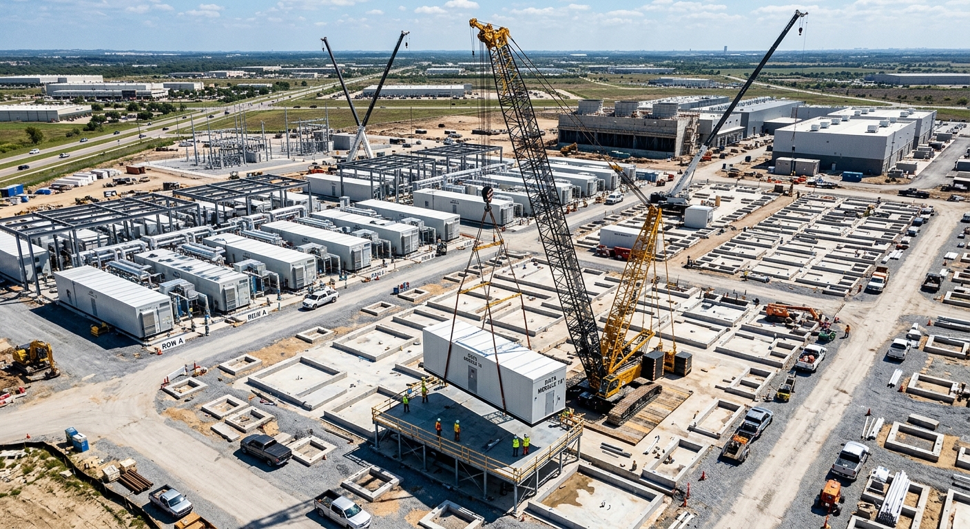 Modular building units being craned into place at a data center site