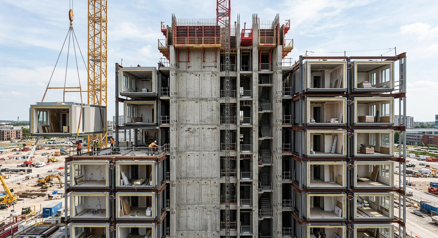 Concrete core structure with modular units attached during construction