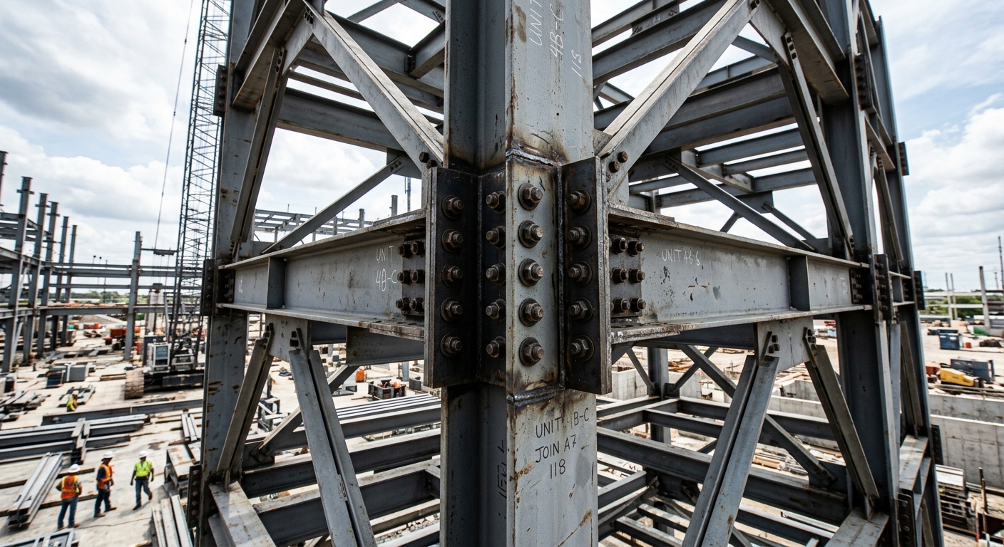 Bolted steel connections between stacked modular building units