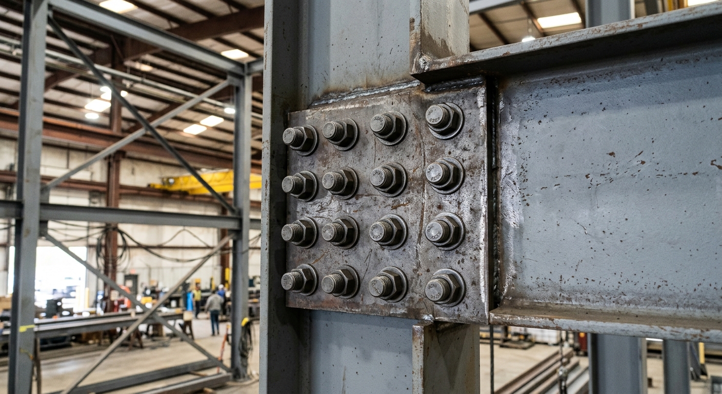 Detailed bolted shear connection plate on modular steel building joint