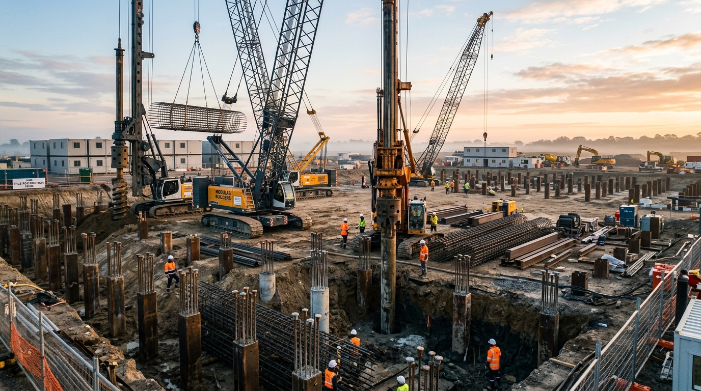 Pile foundation construction for a seismic-rated modular building