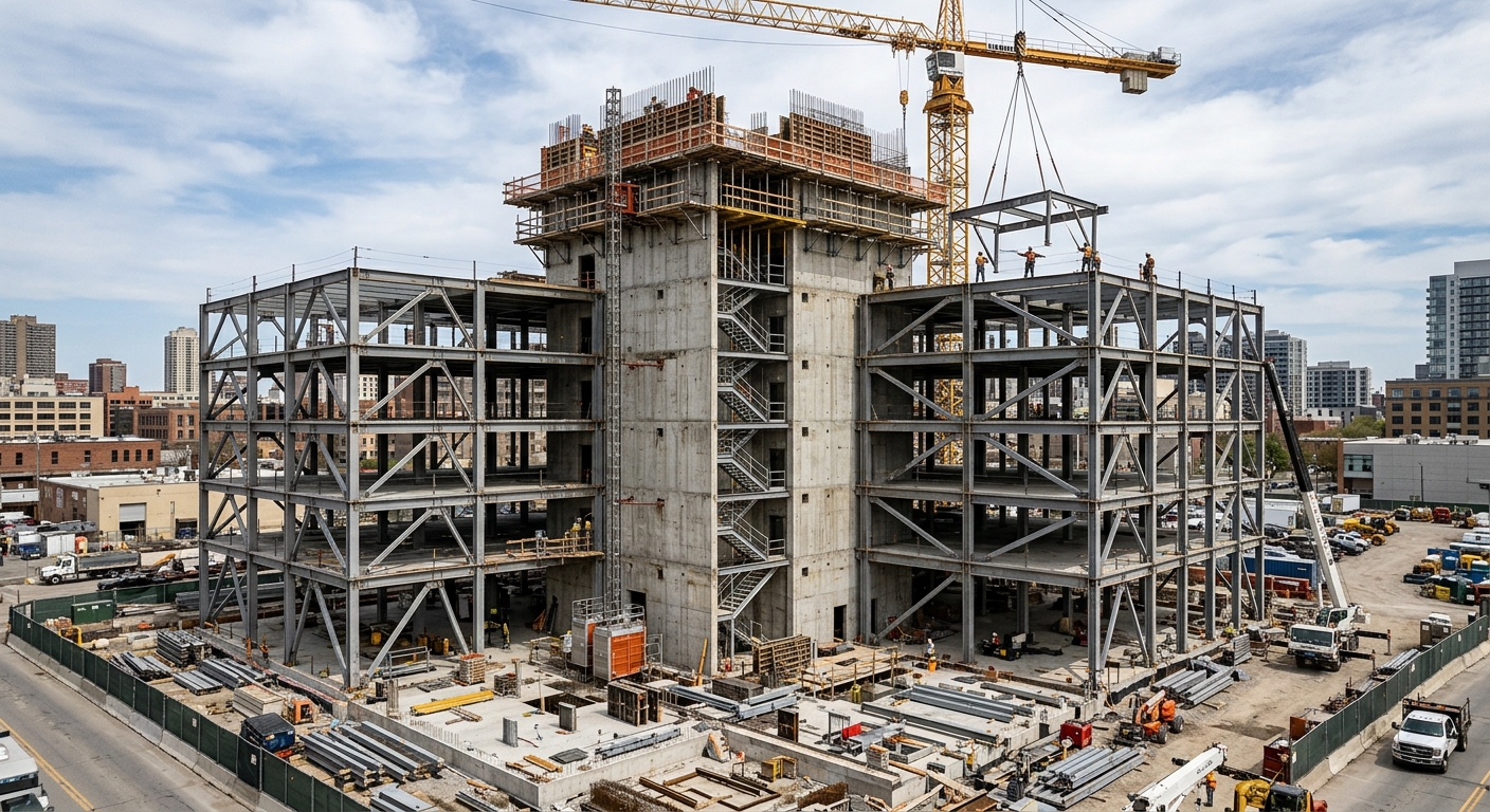 Braced-core modular building structure with steel module frames attached to a central core
