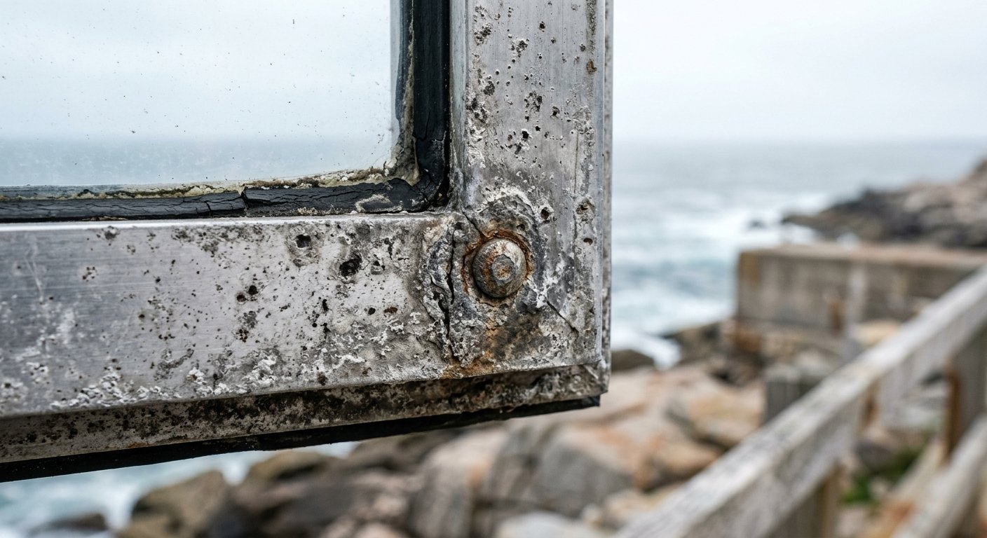 Macro view of pitting corrosion on an aluminum window frame near the coast