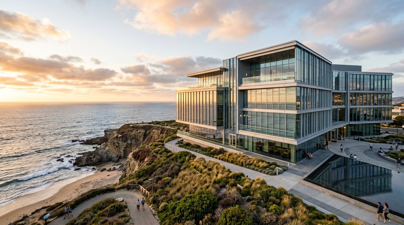 Modern aluminum and glass curtain wall building situated on the coastline
