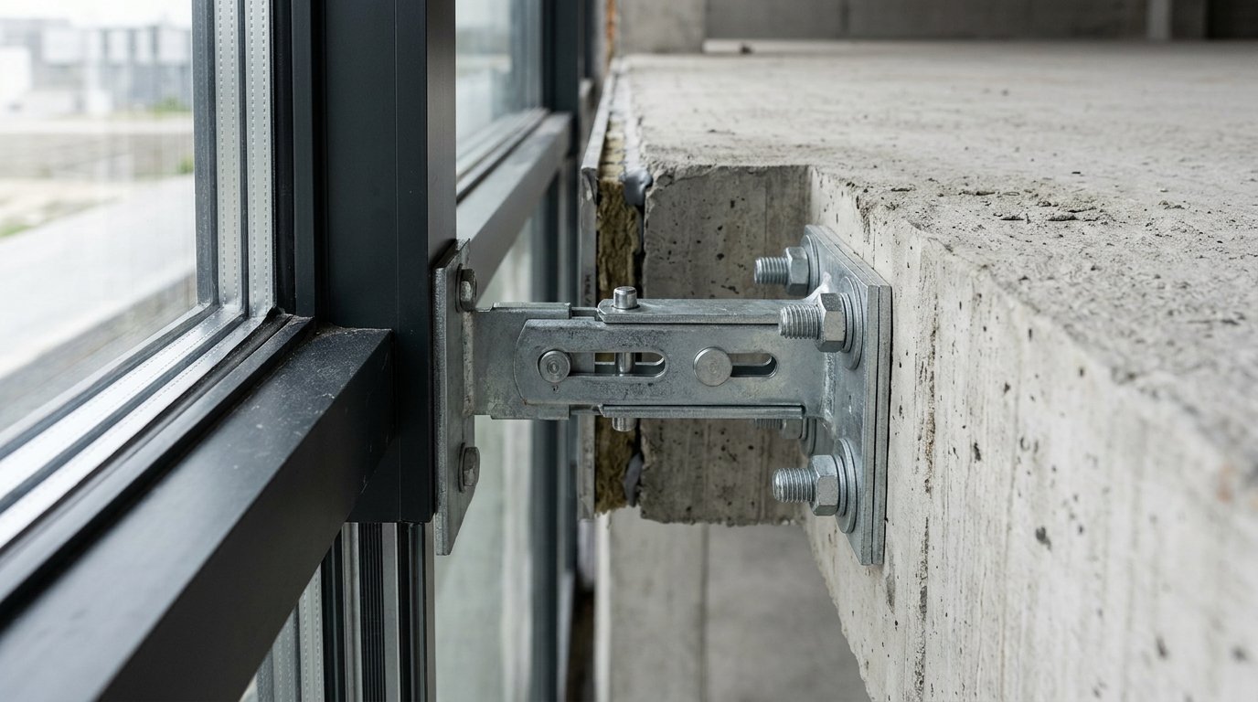 Adjustable curtain wall anchor bracket bolted to a concrete slab edge with the frame running continuously outside