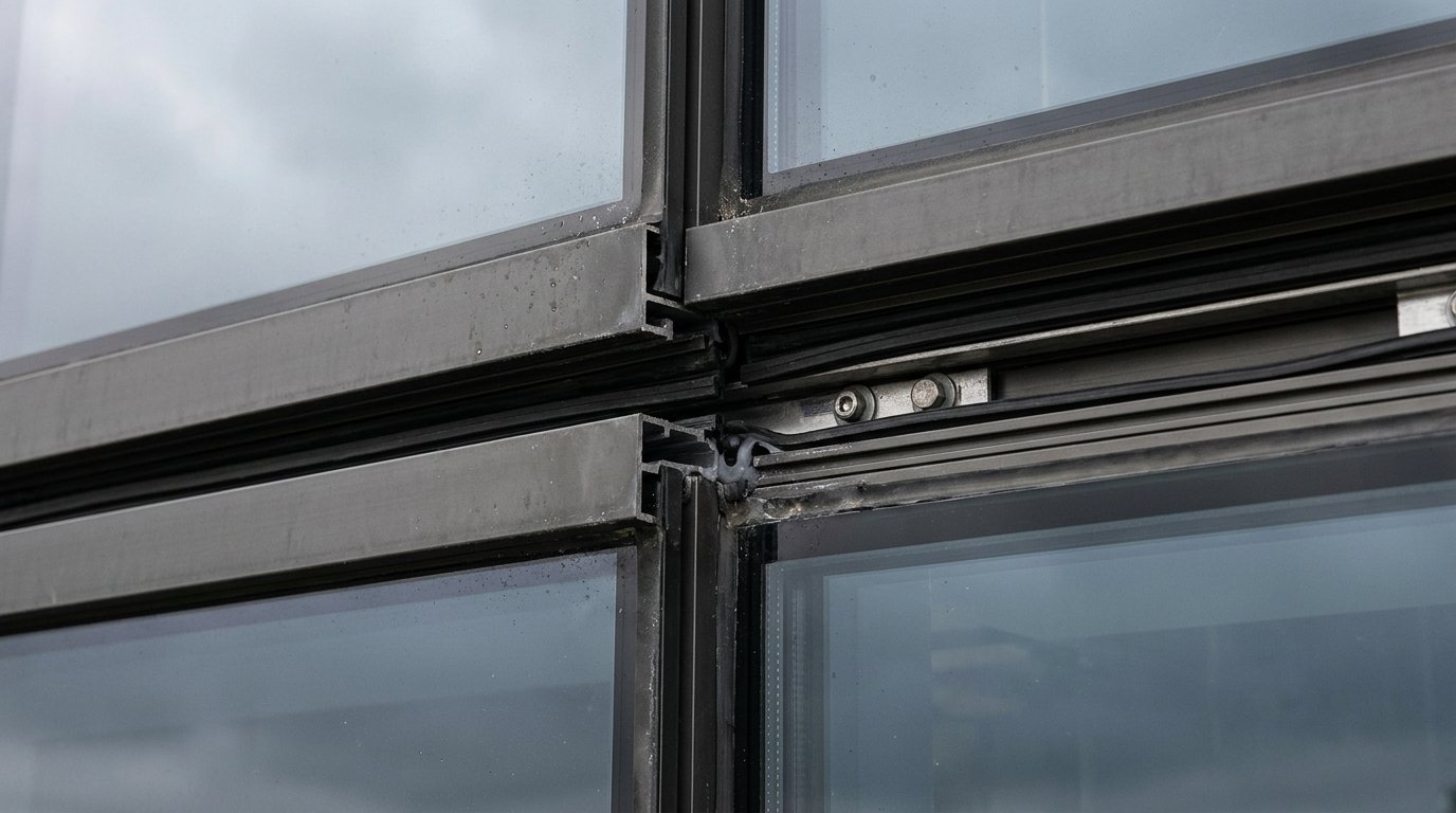 Interstory drift joint between stacked curtain wall units showing the movement allowance at the head