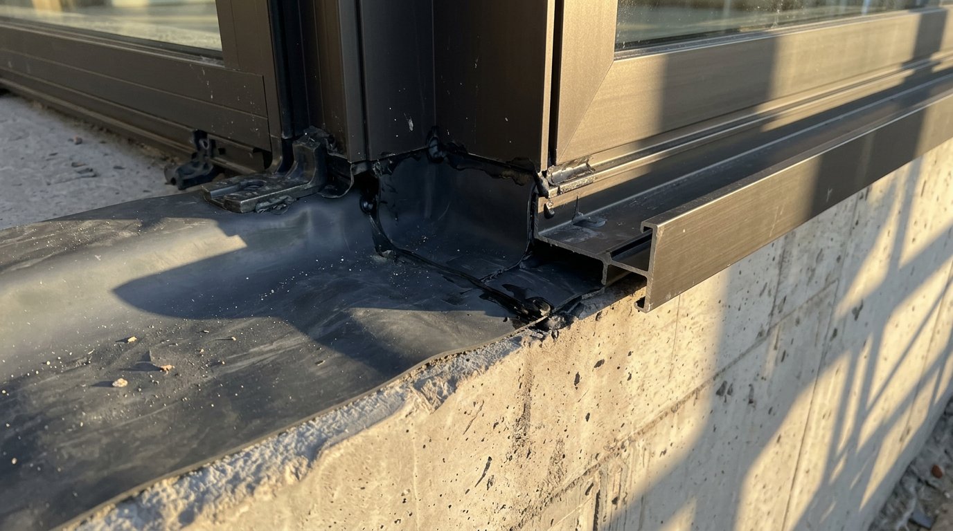 Window wall sill detail where an aluminium frame meets a concrete slab edge with a drained channel and membrane lap