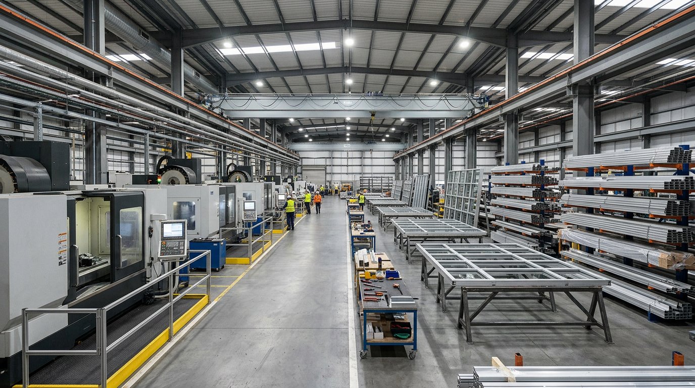 Aluminium facade fabrication hall with CNC machining centres and partially assembled curtain wall units