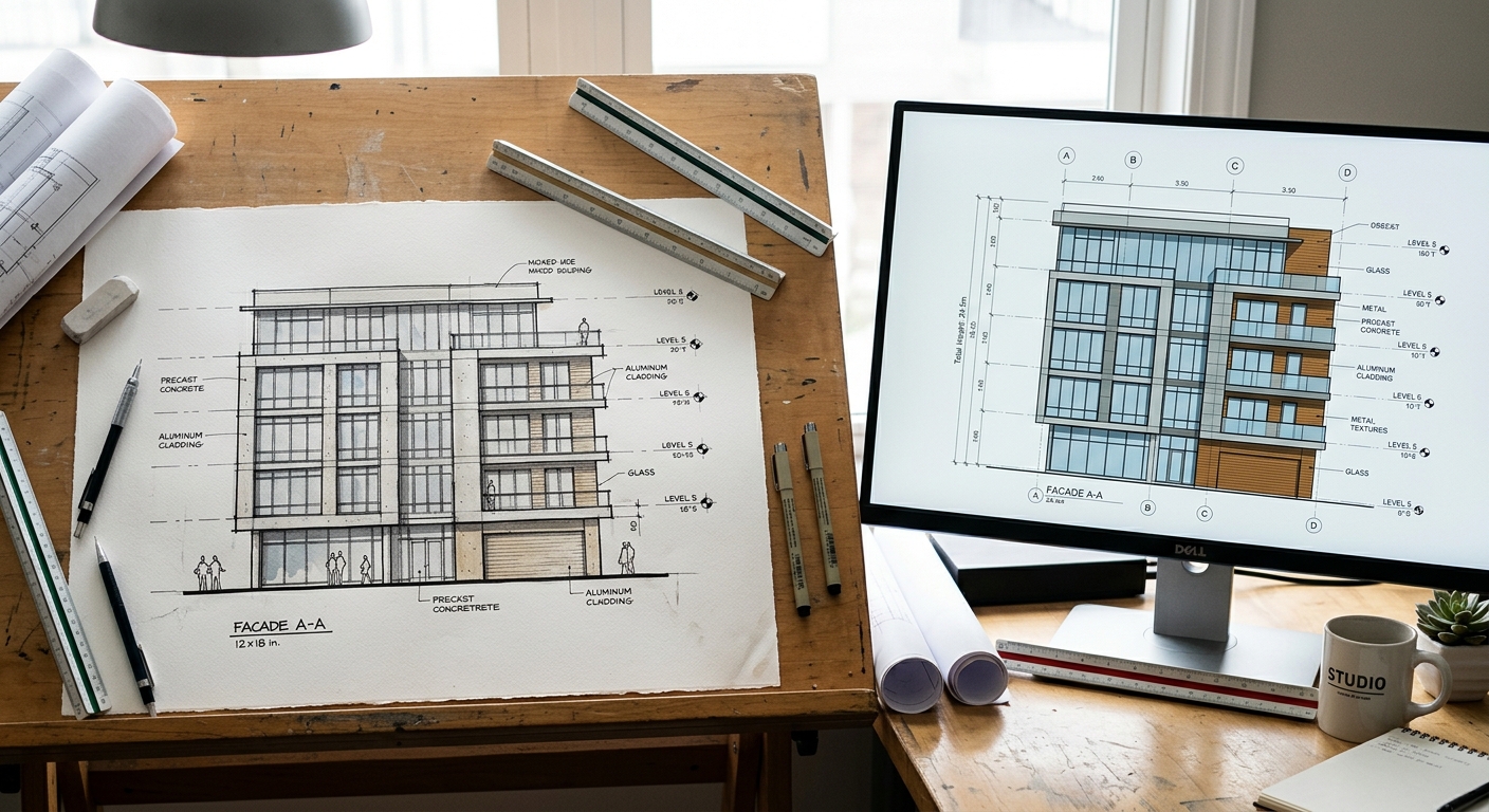 Architect sketch being translated into digital curtain wall drawing