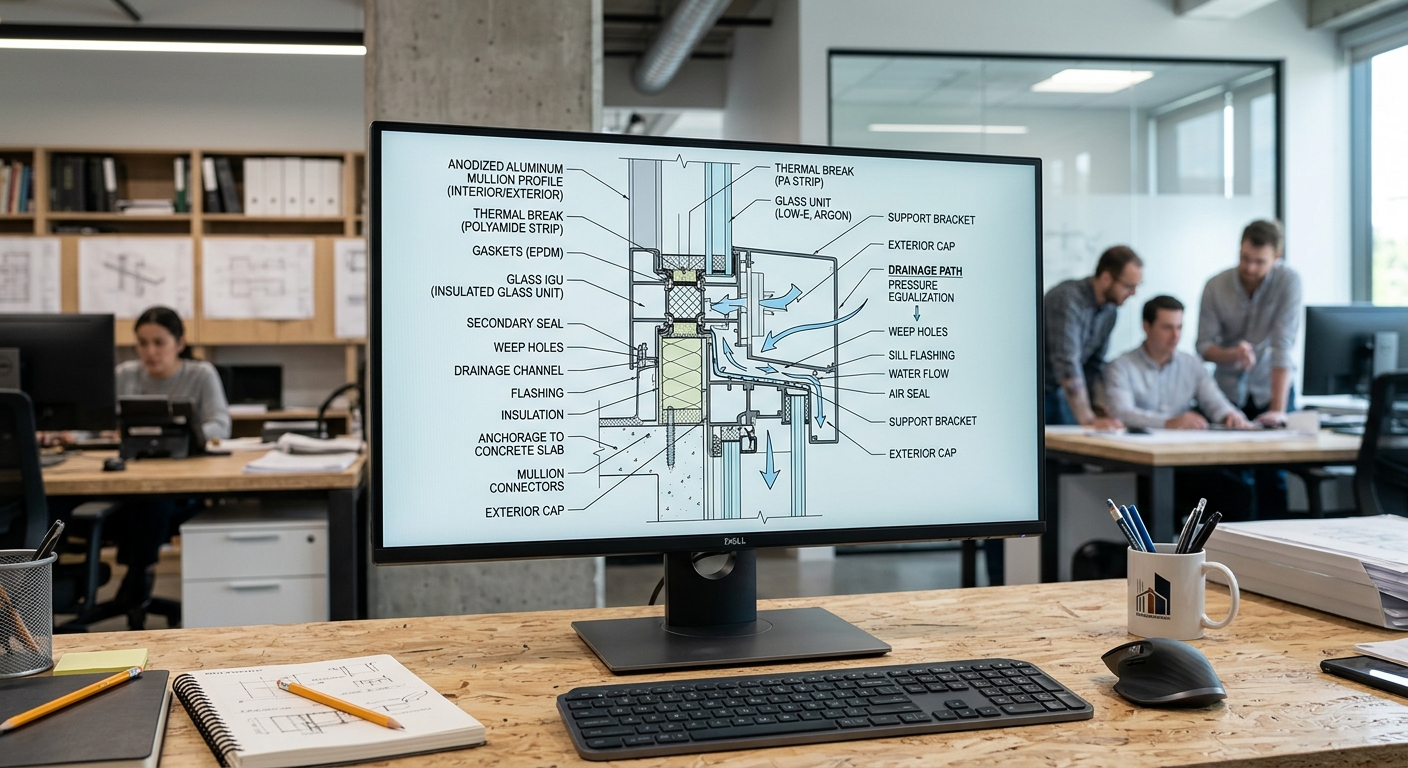 Thermal and drainage detail diagram for curtain wall design review
