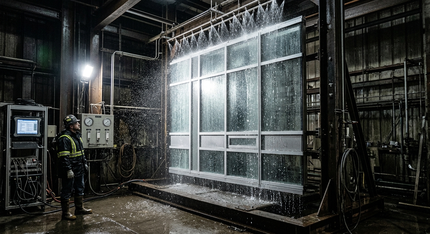 Full-scale curtain wall mockup undergoing water infiltration testing