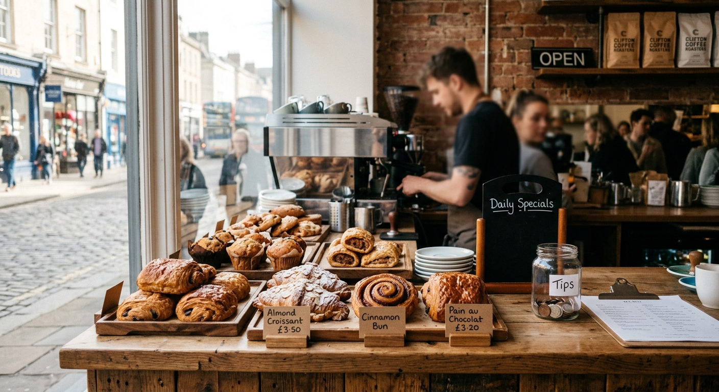 British high-street cafe counter with pastries and warm lighting
