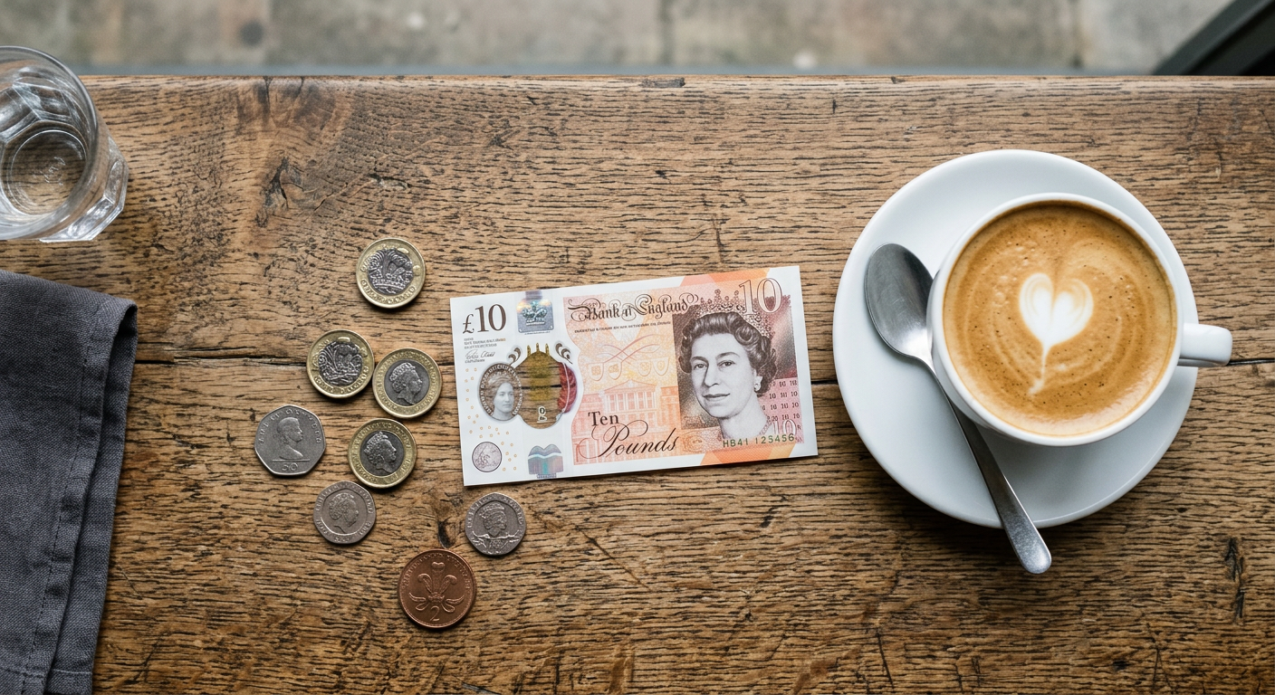 British pound coins and a ten pound note on a wooden cafe table
