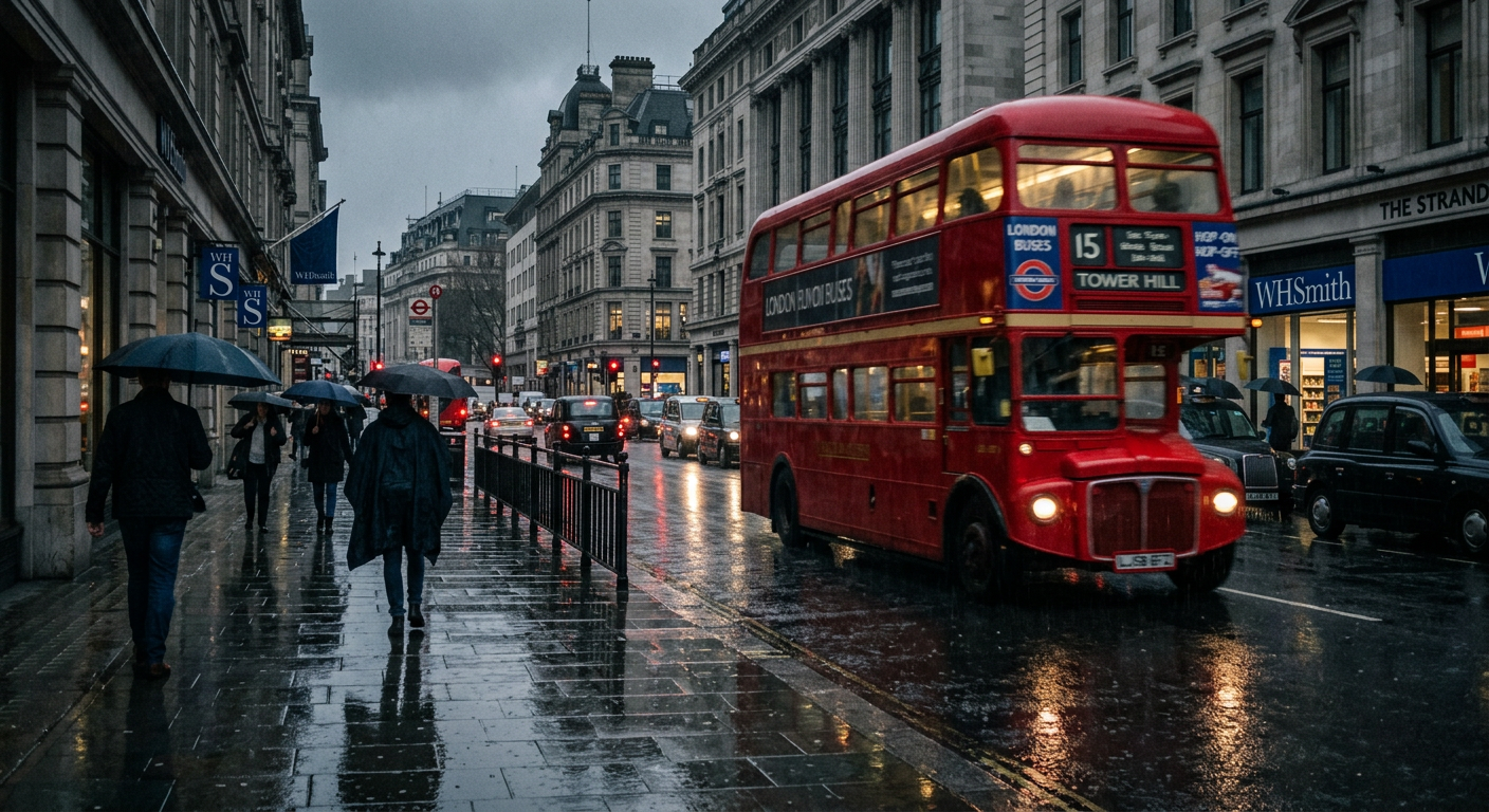 Rainy London street with red double-decker bus and wet pavement reflections