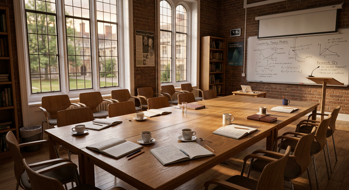 University seminar room with notebooks and coffee on a wooden table