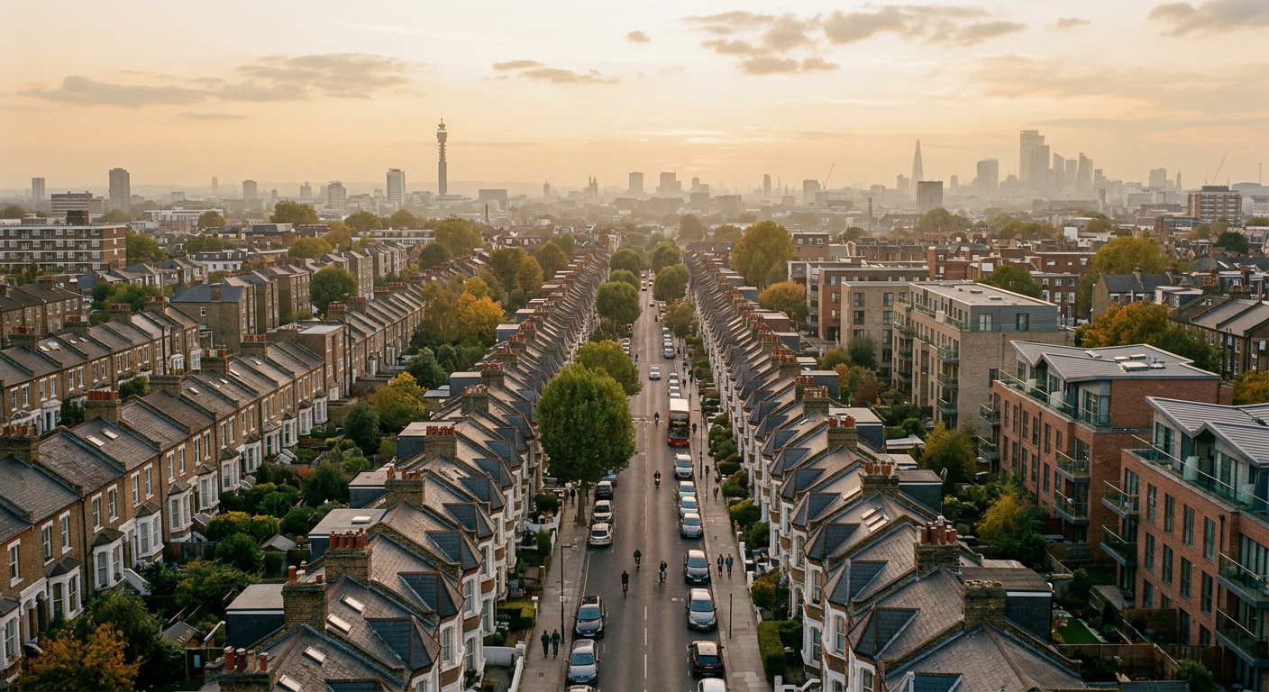 Aerial view of London residential streets with mixed Victorian and modern housing