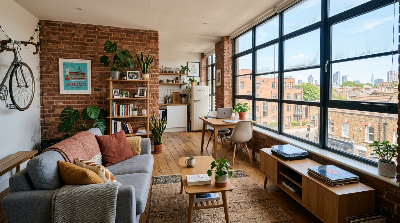 Modern student flat interior in East London with exposed brick and natural light