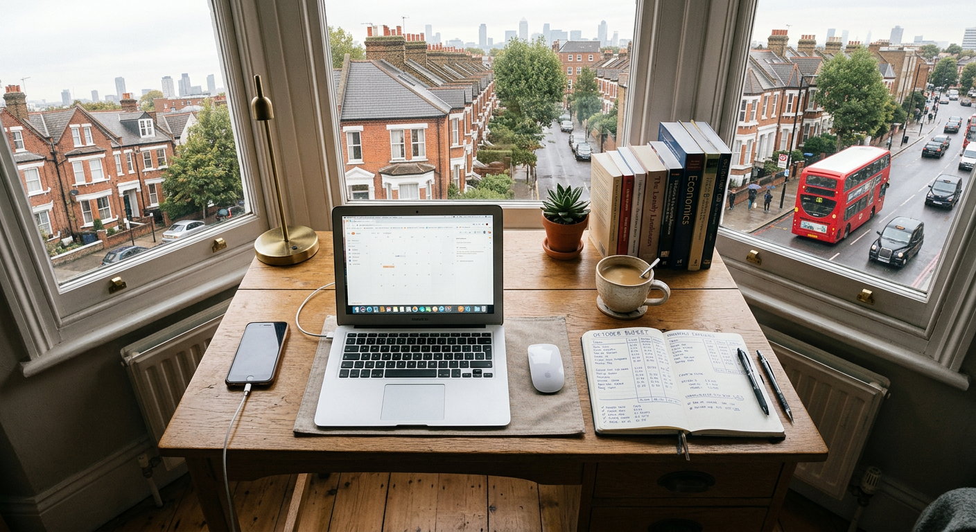 Student desk with monthly budget notes and laptop in a London apartment