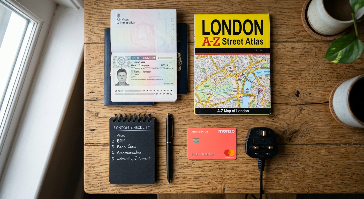UK student visa documents, bank card and plug adapter on a desk