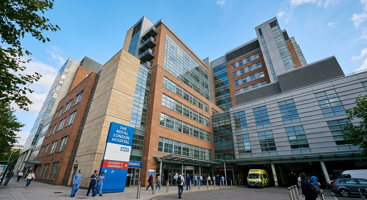 Modern NHS hospital exterior representing healthcare entitlement for international students