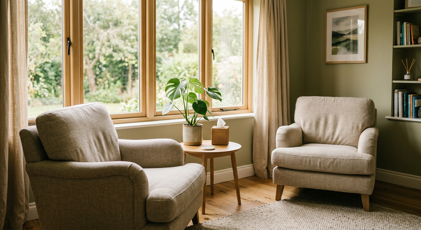 Calm counselling room representing free NHS mental health support for students