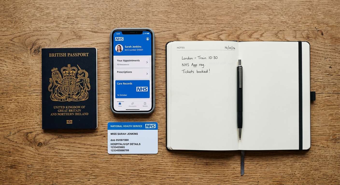 Flat lay of essentials including NHS app on phone for international student arrival