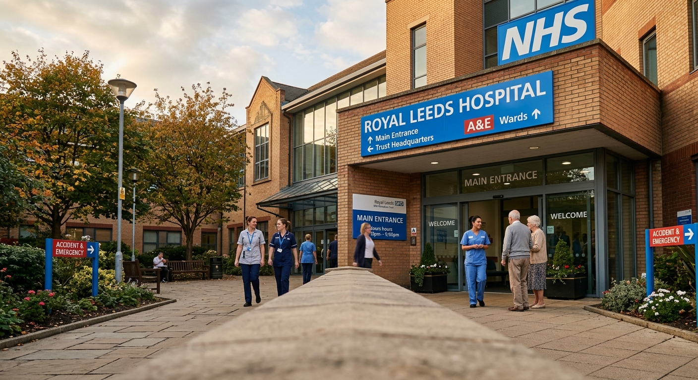 NHS hospital entrance with signage in the UK