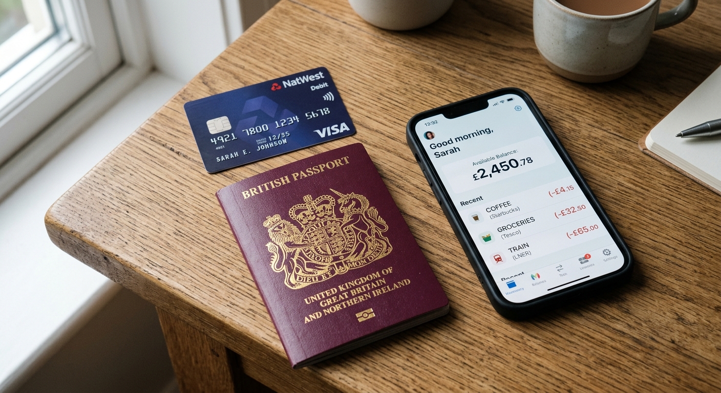 UK debit card, passport and banking app on a desk