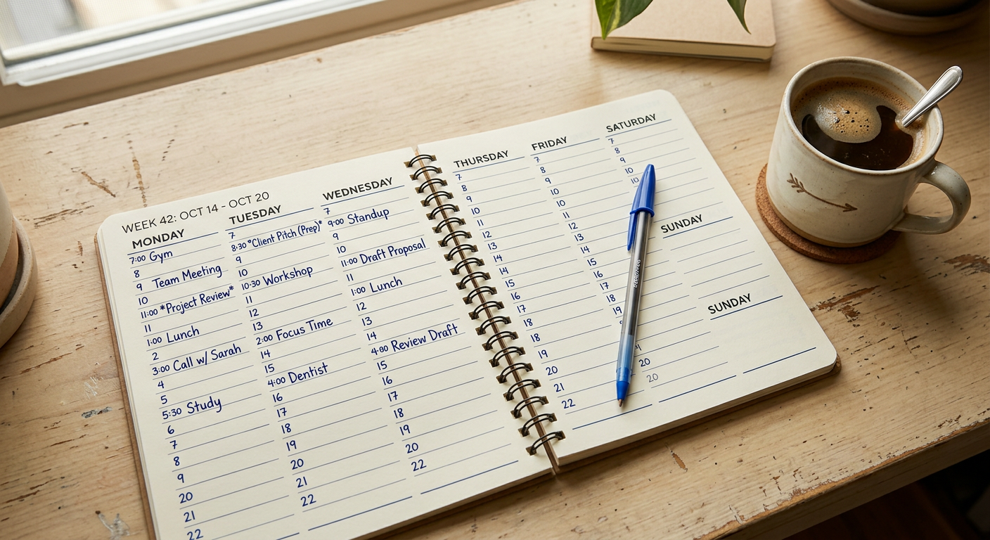 Weekly planner showing tracked part-time work hours for a student visa holder