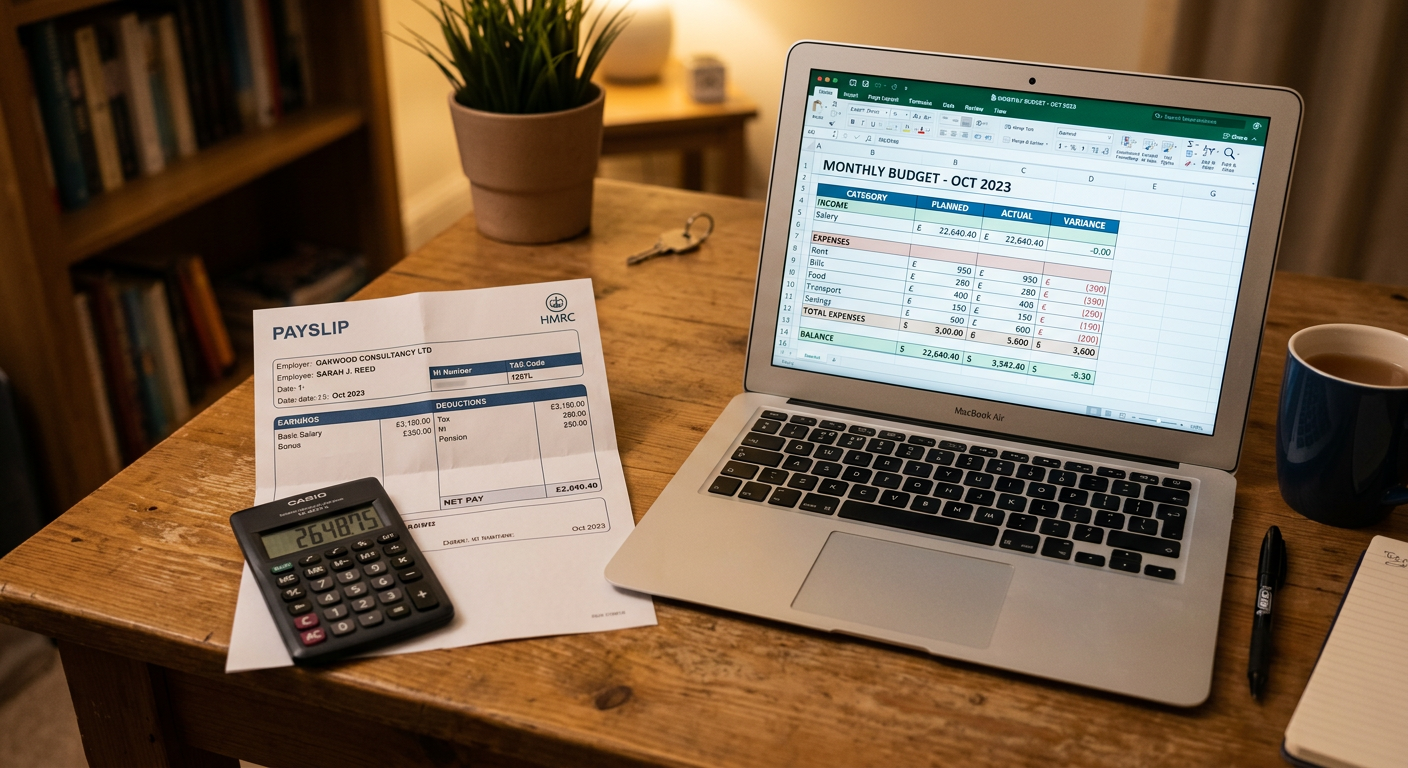 UK payslip and budget calculator showing student part-time earnings