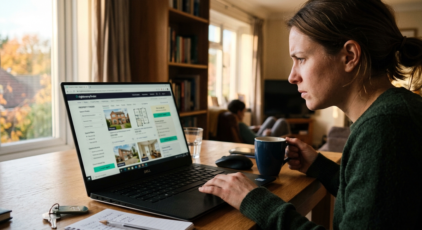 Laptop displaying a blurred property listing with a coffee mug beside it