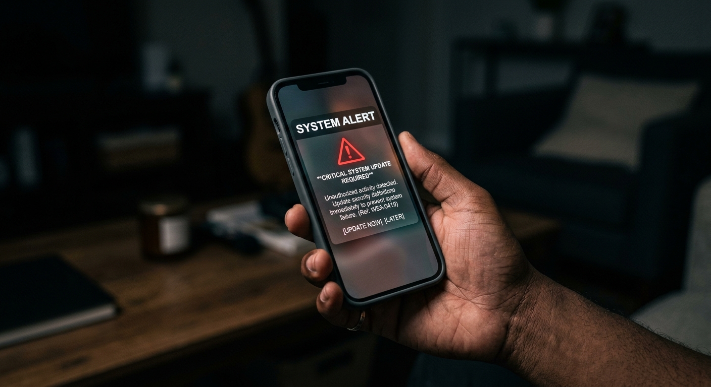 Hand holding a smartphone showing a fraud warning notification