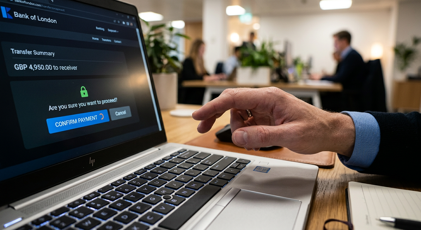 Hand pausing over laptop keyboard before confirming a bank transfer